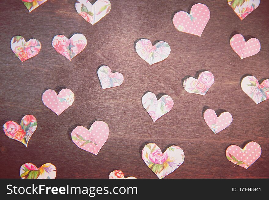 Soft Pink Paper Hearts On A Retro Wood Background. Valentines Day, With Love