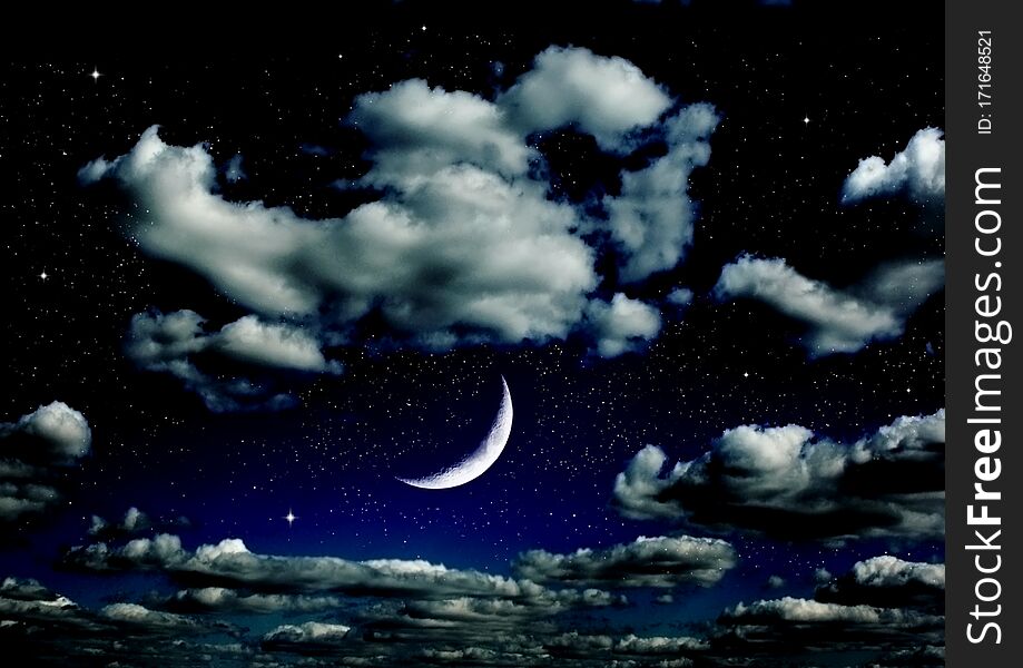 The moon in the night sky in clouds 3D illustration