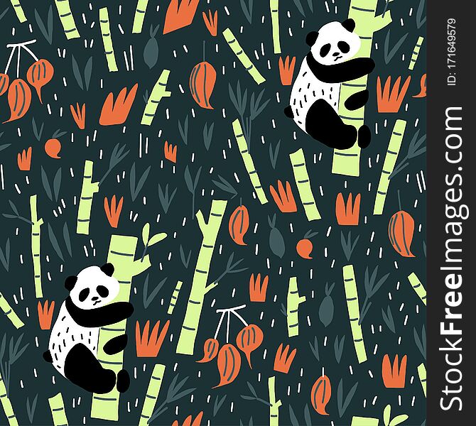 Panda bear and bamboo branches vector flat illustration