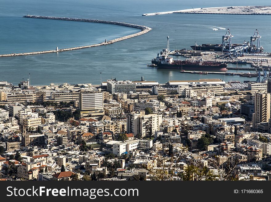 View of Haifa from the hill. Haifa is an Israeli city and port on the Mediterranean Sea