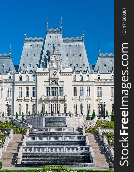 The Palace of Culture in Iasi, Romania. Rearview from the Palas Garden of The Palace of Culture, the symbol of the city of Iasi on a sunny summer day. Palace of Iasi