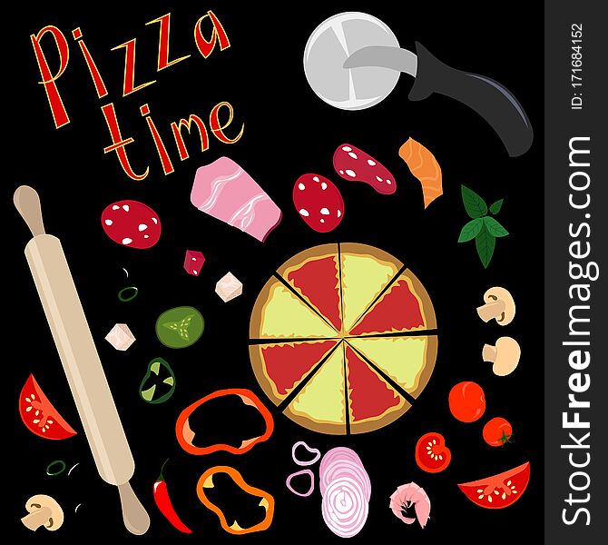 Pizza Time. Set Objects For A Pizzeria, Cafe, Restaurant. Knife, Rolling Pin, Ingredients. Filling And Dough. Design For Fraer,