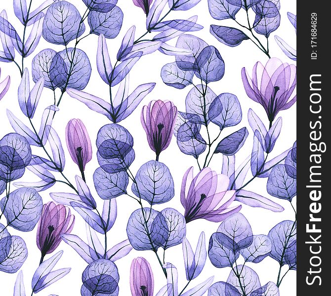 Seamless pattern with watercolor transparent leaves and flowers. Hand drawn illustration isolated on white. X-ray plants is perfect for greeting card, wallpaper, fabric textile, wrapping design