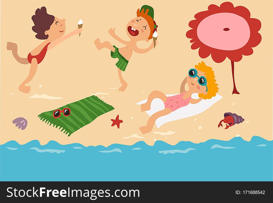 Vector of children`s summer holidays at the sea on the beach with toys, balls, sand castle, sun and ice cream
