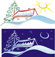 Christmas Scenery - Small House On The Hill Royalty Free Stock Image Christmas Scenery - Small House On The Hill Royalty Free Stock Image