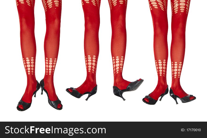 Studio photo of the female legs in colorful tights, legs on the white background.