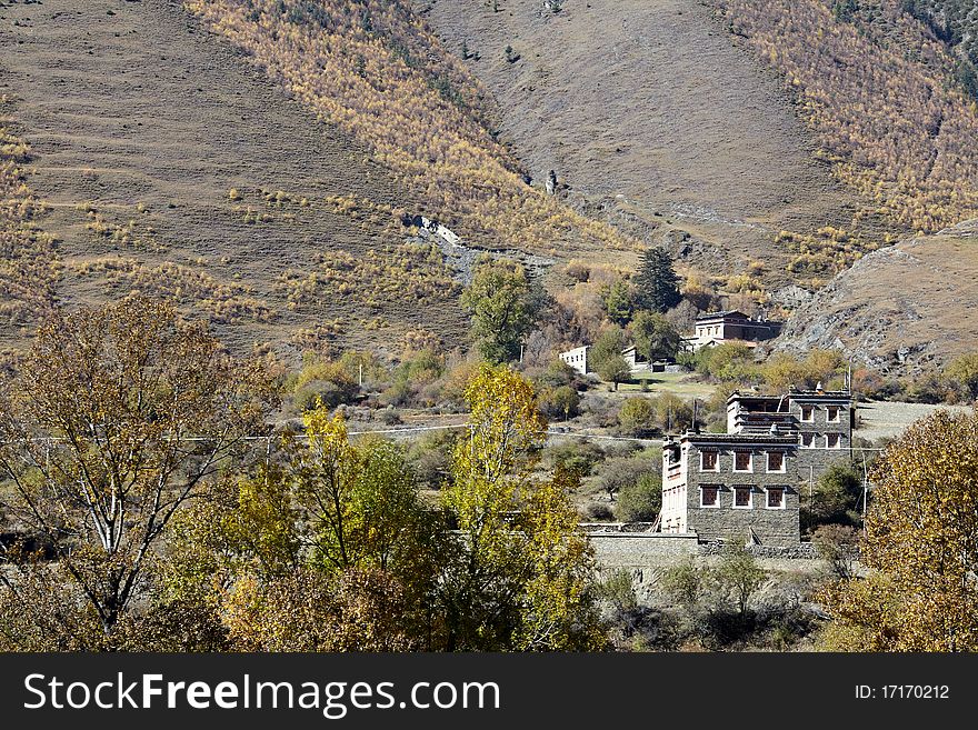 Tibetan village near mountains,western sichuan of china