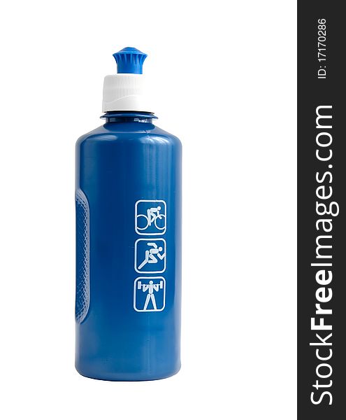 Blue plastic bottle for athletes on a white