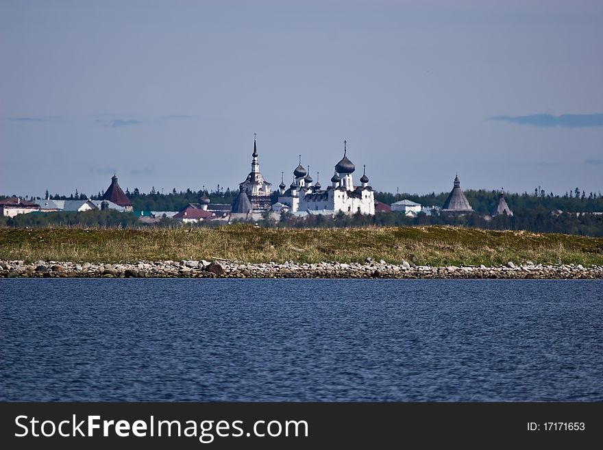 Panorama of Solovetsky Orthodox monastery on Solovki island from White Sea, Northern Russia.
