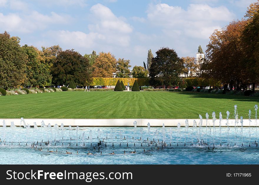 Park fountains, green fields and trees in the Czech Republic