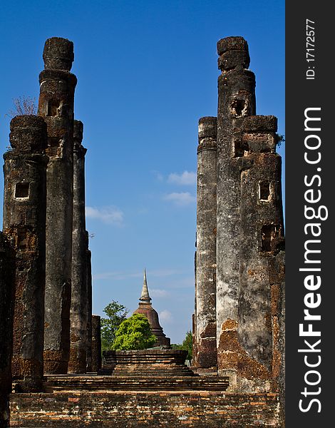 Ancient pagoda with stone pillar in historic park in Thailand. Ancient pagoda with stone pillar in historic park in Thailand