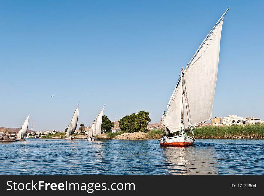 Feluccas over the river Nile, typical sailing boats in Egypt