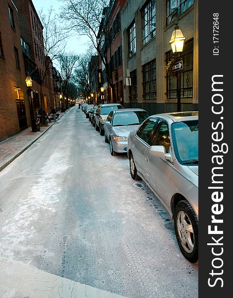 Road salt on Boston street. Road salt on Boston street