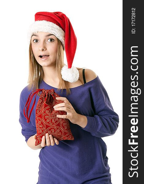 Beautiful girl in red Santa hat on a white background