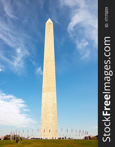 The Washington memorial in blue sky. Washington, D.C., USA