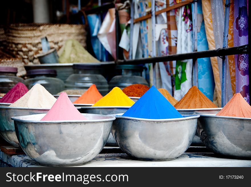 Set of bowls with powder of different colours. Set of bowls with powder of different colours