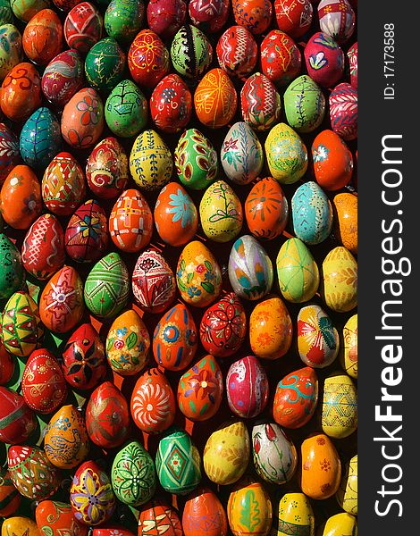 Large group of traditional colorful Easter eggs