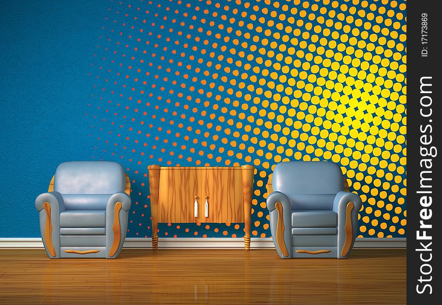 Two chairs with wooden console in blue interior with gradient halftone