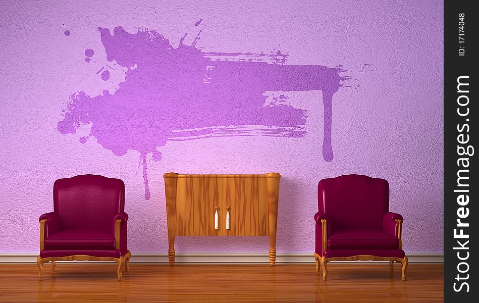 Two luxurious chairs with wooden table and splashes in purple interior