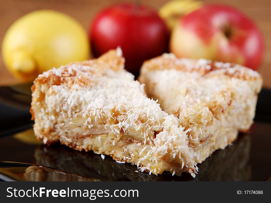 Apple pie and a cup of tea on a white background