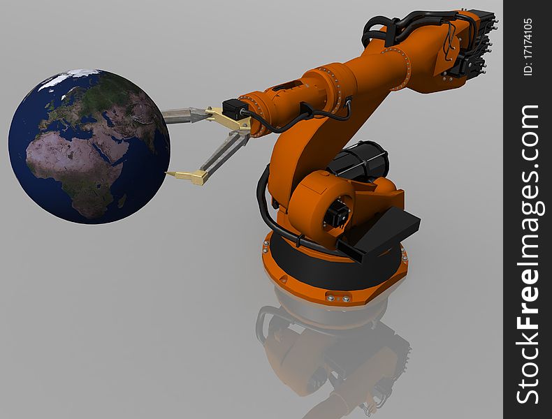 Metal robot holding a globe. The image has a 3D character on a white background. Metal robot holding a globe. The image has a 3D character on a white background