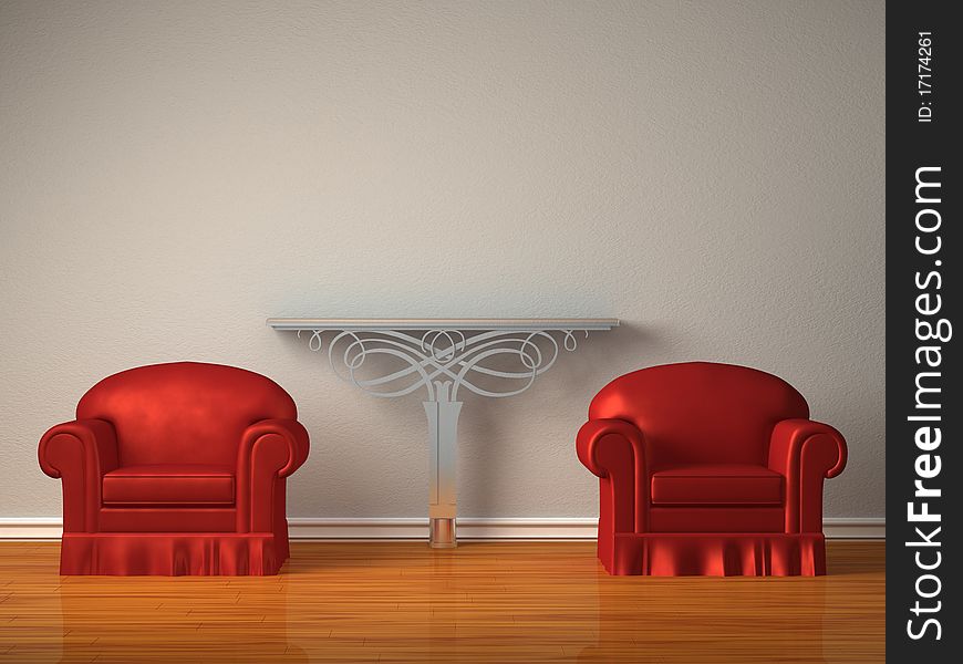 Two Red Chairs With Metallic Console