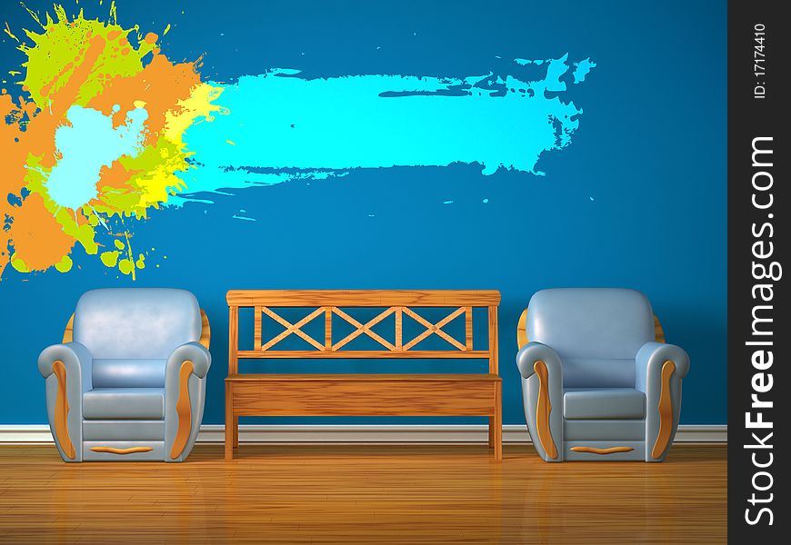 Two chairs with wooden bench and splash frame in blue interior