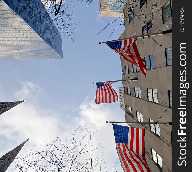 Three flags of USA on building. Three flags of USA on building