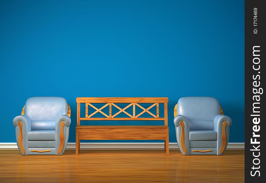Two chairs with wooden bench in blue interior