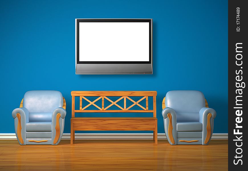 Two chairs with wooden bench and lcd tv in blue interior