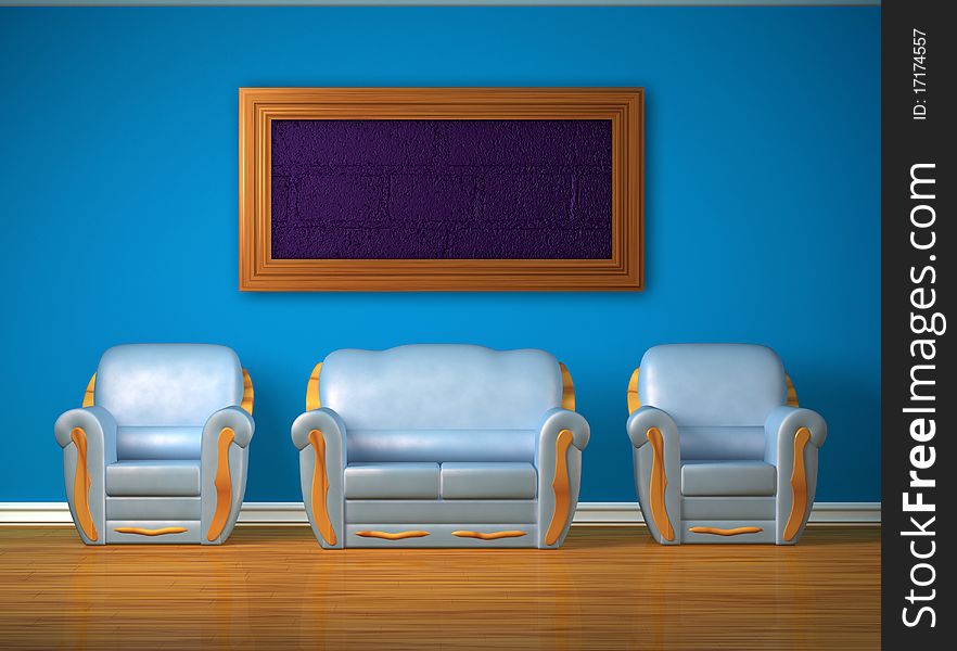 Two blue chairs with couch and frame in interior