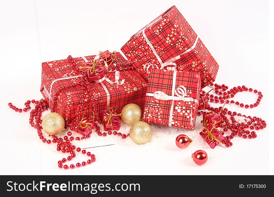 Red christmas present on white background