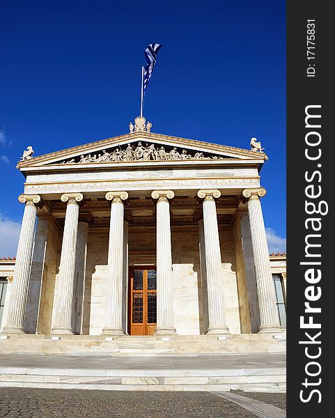 The National Academy Building in Athens. The building, which was built from 1859-1885, is located on the south of The University of Athens' main building (Panepistimiou street). The National Academy Building in Athens. The building, which was built from 1859-1885, is located on the south of The University of Athens' main building (Panepistimiou street).