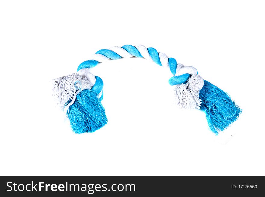White and blue rope chew toy for dogs and puppies, isolated on a white background
