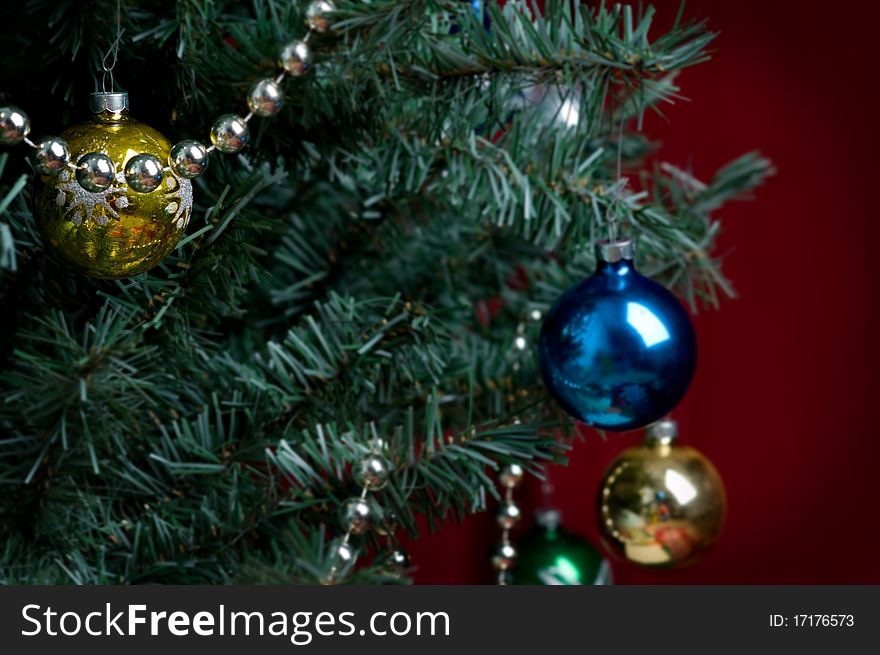 Christmas Tree background decorated with vintage glass ornaments