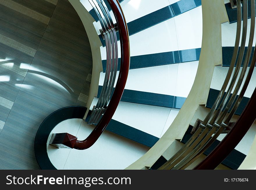 A perspective view of a winding staircase