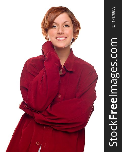 Pretty Red Haired Girl Wearing a Warm Red Corduroy Shirt Isolated on a White Background.