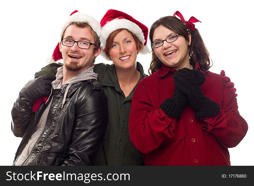 Three Friends Wearing Warm Holiday Attire Isolated on a White Background.
