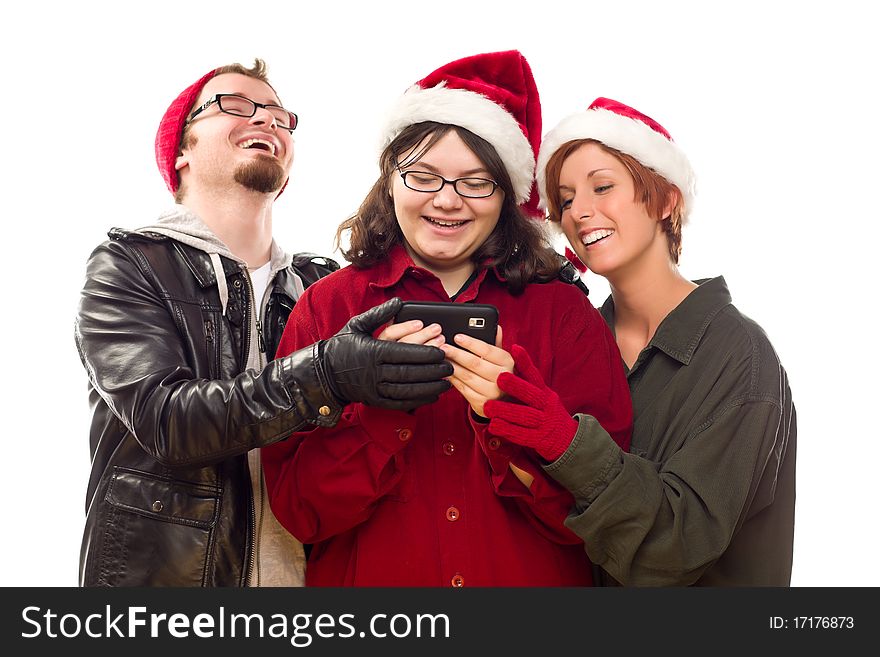 Three Friends Enjoying A Cell Phone Together Isolated on a White Background.