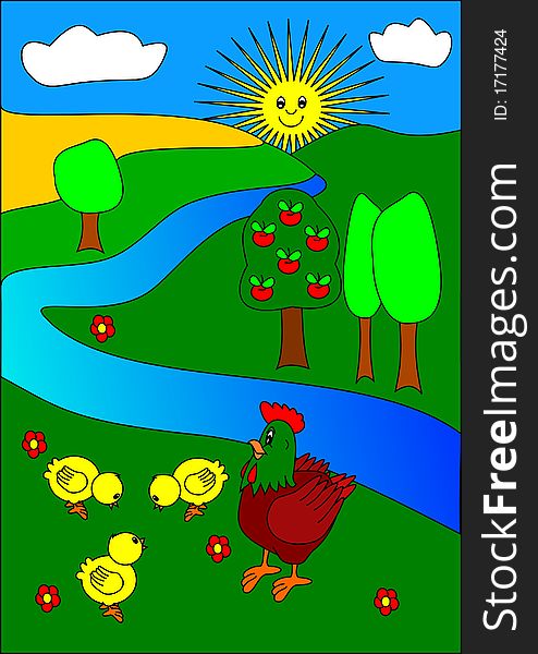 Hen chickens sun tree color farm. Hen chickens sun tree color farm
