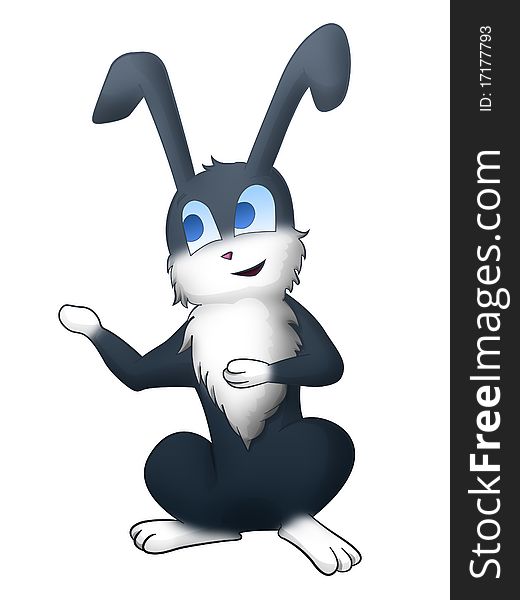 Grey smiling bunny on a white background. Indicates paw. Grey smiling bunny on a white background. Indicates paw