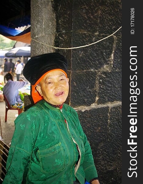 Grandmother White Hmong ethnic in Van market . Area of Ha Giang. North Vietnam