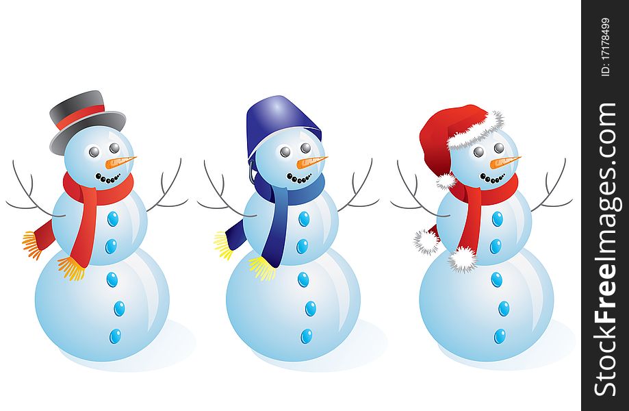 Three isolated snowman on a white background. Vector. Three isolated snowman on a white background. Vector.