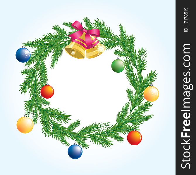 Christmas wreath with balls, bells and stars on a white background. Christmas wreath with balls, bells and stars on a white background.