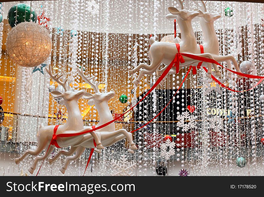 Indoor christmas scenery - flying reindeer. Indoor christmas scenery - flying reindeer
