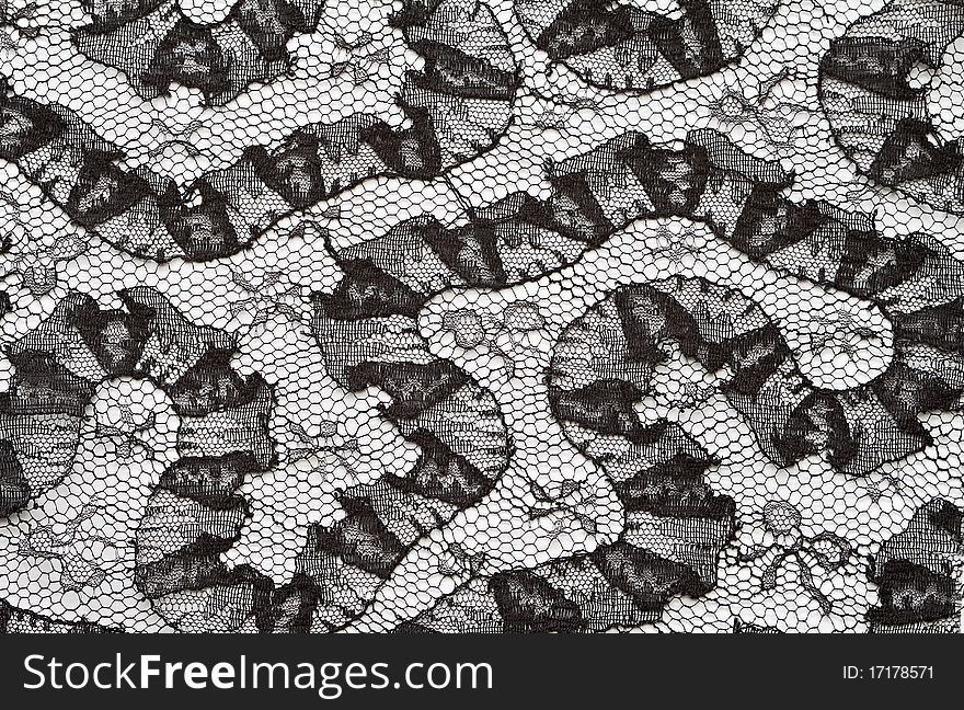 Black lace on the white fabric background. Black lace on the white fabric background.