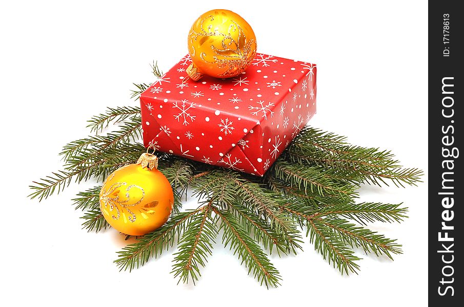 Gift boxes and christmas balls on white background. Gift boxes and christmas balls on white background