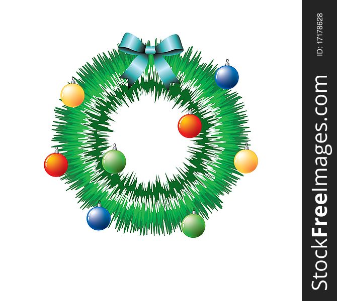 Christmas wreath with colored balloons and a blue ribbon on a white background. Christmas wreath with colored balloons and a blue ribbon on a white background.