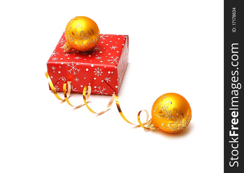 Christmas decoration yellow balls and gift box