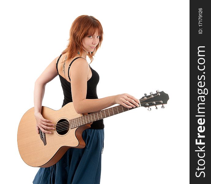 Woman with guitar on white background